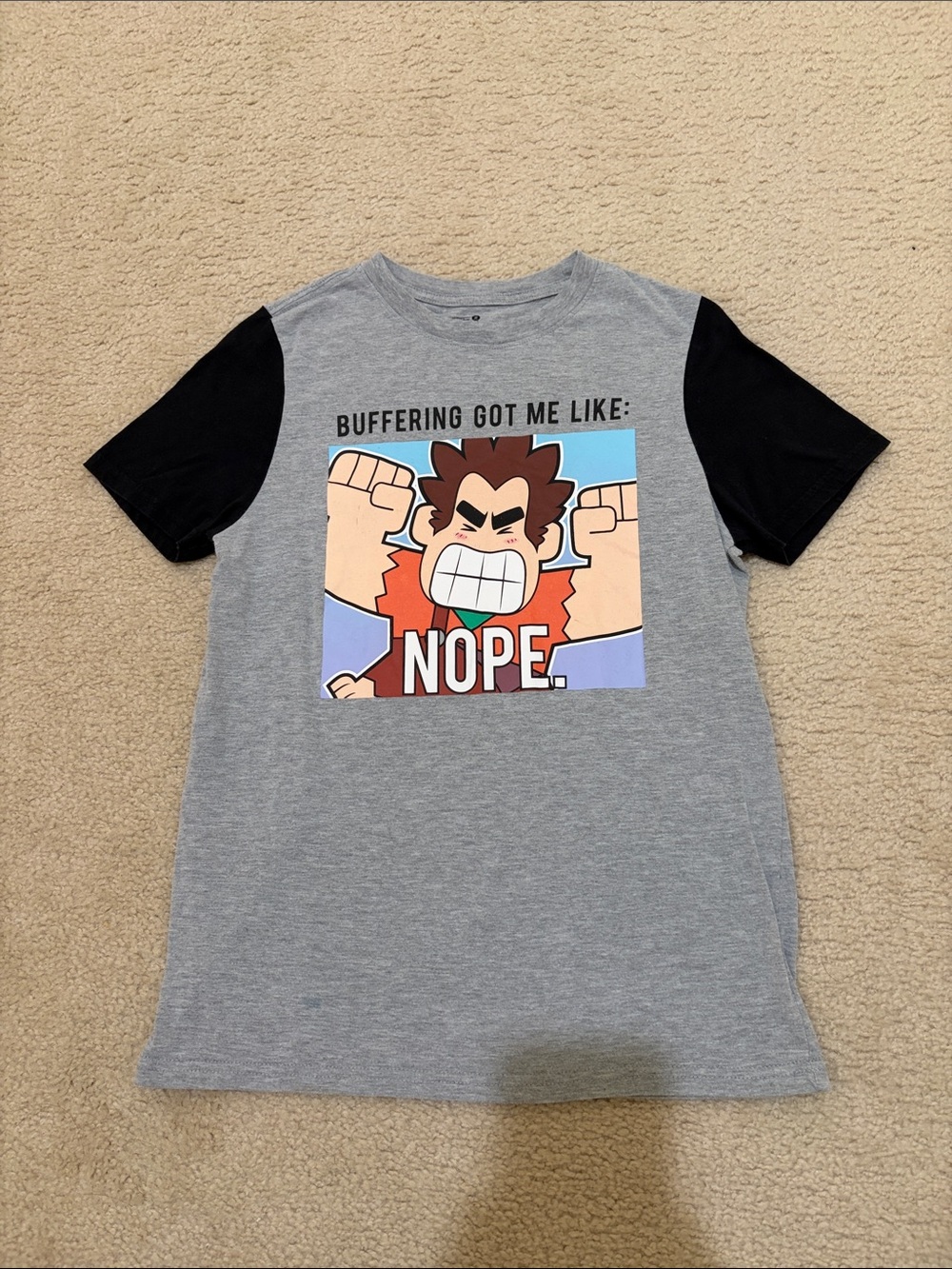 Kid’s Grey Graphic Tee - 'NOPE' Cartoon Print Wreck It Ralph XL